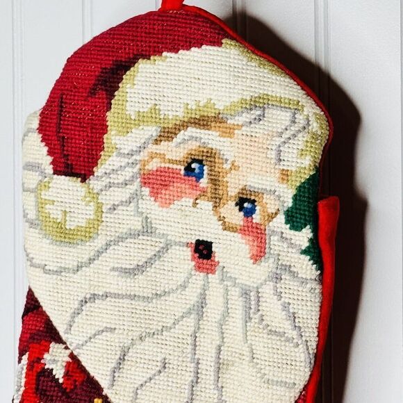 Vintage Santa Face Finished Needlepoint Christmas Stocking Toy Bag Teddy Bear - Picture 5 of 9